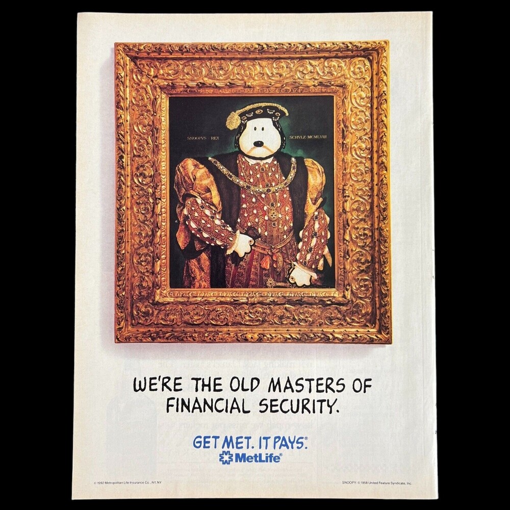 1992 MetLife Insurance Snoopy Peanuts Print Ad VINTAGE Jack Daniel’s 2 Sided
